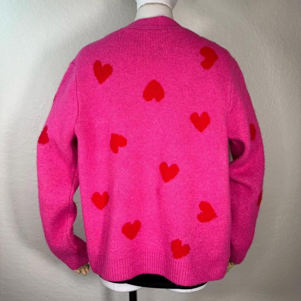 CeCe V-Neck Heart Jacquard Button Up Cardigan Sweater Size Large